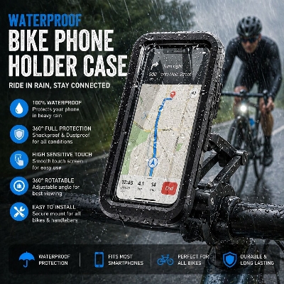 Picture of Waterproof Bike Phone Holder Case 360 Degree Rotation Universal Motorcycle Bicycle Mobile Mount Adjustable Clip Stand for Mobile Phone Navigation Black
