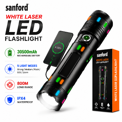 Picture of Sanford White Laser LED Flashlight 30500mAh Type-C Rechargeable Torch Light – 800M Long Range Waterproof Aluminum Alloy Searchlight with Digital Display for Camping Emergency Outdoor Use Black