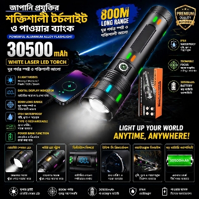 Picture of Sanford White Laser LED Flashlight 30500mAh Type-C Rechargeable Torch Light – 800M Long Range Waterproof Aluminum Alloy Searchlight with Digital Display for Camping Emergency Outdoor Use Black