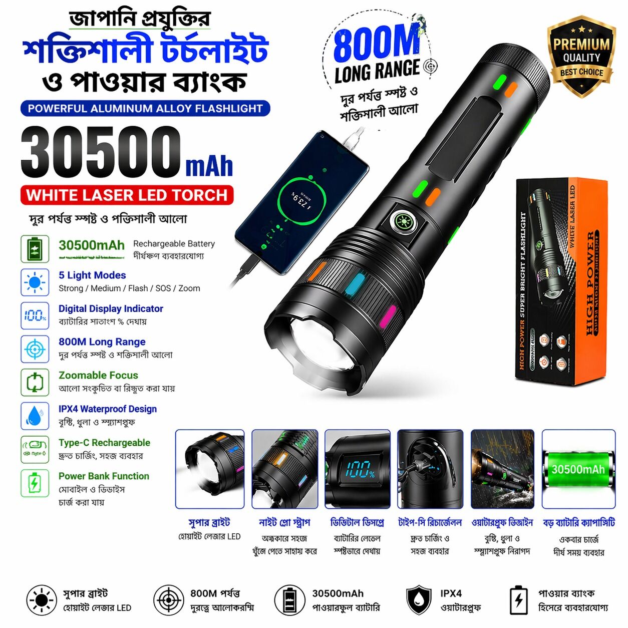 Picture of Sanford White Laser LED Flashlight 30500mAh Type-C Rechargeable Torch Light – 800M Long Range Waterproof Aluminum Alloy Searchlight with Digital Display for Camping Emergency Outdoor Use Black