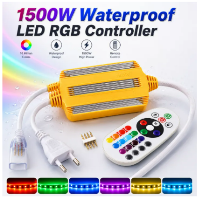 Picture of 1500W Waterproof RGB LED Strip Controller with 24 Keys IR Remote and EU Plug – Color Changing Controller for 2835 5050 RGB LED Strip Tape Neon Rope Light Room Home Party Decoration Multicolor