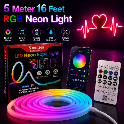 Picture of 5 Meter 16 Feet RGB Neon Light with App and Remote Control – Heavy Duty Magic RGB Neon Strip Light for Home Bedroom Party Room Decoration Multicolor