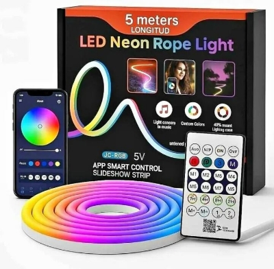 Picture of 5 Meter 16 Feet RGB Neon Light with App and Remote Control – Heavy Duty Magic RGB Neon Strip Light for Home Bedroom Party Room Decoration Multicolor