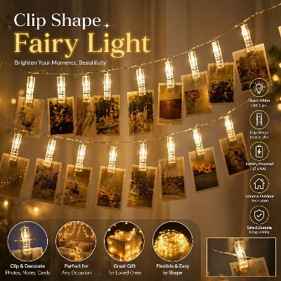 Picture of Fairy Light Photo Clip Shape Golden Color 20 Pieces Set – LED Photo Clip String Lights for Room Bedroom Wedding Party Wall Home Decoration Gold