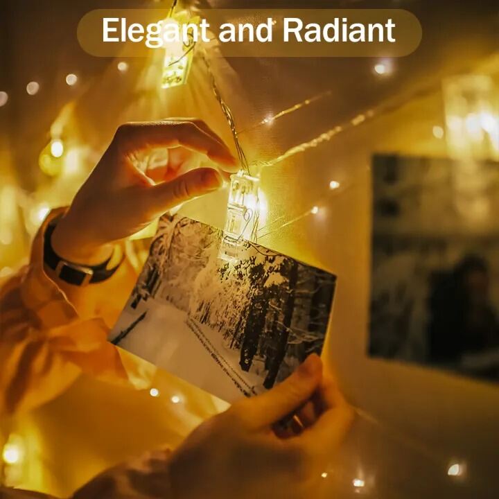 Picture of Fairy Light Photo Clip Shape Golden Color 20 Pieces Set – LED Photo Clip String Lights for Room Bedroom Wedding Party Wall Home Decoration Gold