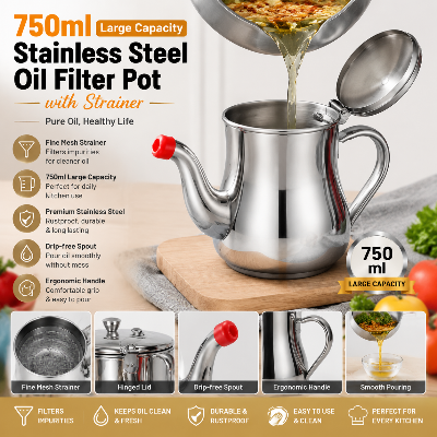 Picture of 750ml Large Capacity Stainless Steel Oil Filter Pot with Strainer – Premium Cooking Oil Storage Container Jug for Kitchen, Frying Oil Separation & Reuse Multicolor