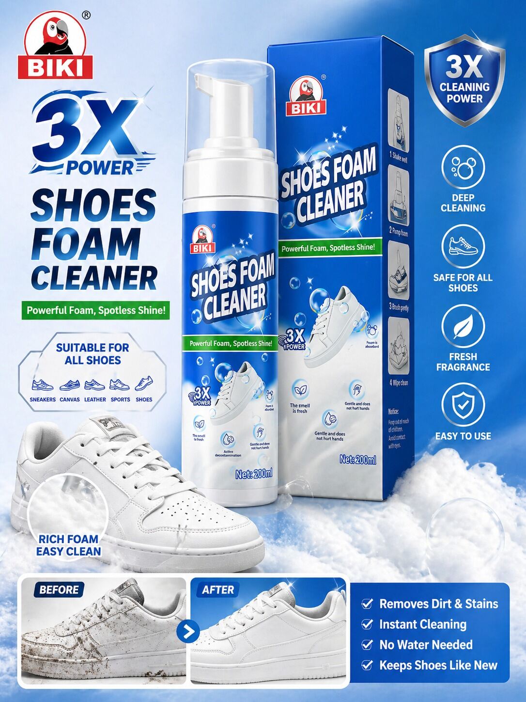 Picture of Biki 3X Power Shoes Foam Cleaner | Powerful Foam Shoe Cleaning Spray | Instant Spotless Shine Cleaner for Sneakers, Leather & White Shoes Multicolor