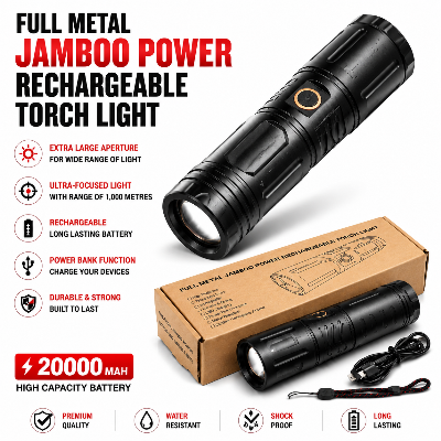 Picture of Full Metal Jamboo Power Rechargeable Torch Light with Power Bank | High Power LED Flashlight | Waterproof Multi-Function Emergency Torch for Outdoor, Camping & Everyday Use Black