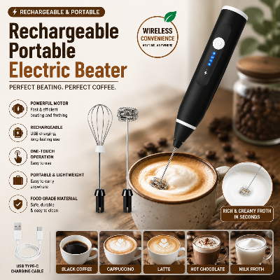 Picture of Rechargeable Portable Electric Egg Beater | Handheld Kitchen Mixer | USB Portable Foam Whisk for Baking, Coffee, Cake & Cooking Use - Electric Coffee Mixer Multicolor