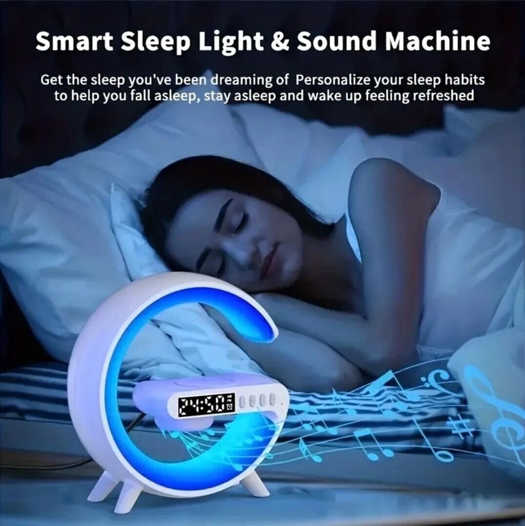 Picture of G63 Speaker Lamp 4-in-1 Smart LED Table Lamp – Wireless Charger Bluetooth Speaker Alarm Clock App Control Night Light with Sunrise Alarm for Bedroom Bedside Table Multicolor