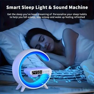 Picture of G63 Speaker Lamp 4-in-1 Smart LED Table Lamp – Wireless Charger Bluetooth Speaker Alarm Clock App Control Night Light with Sunrise Alarm for Bedroom Bedside Table Multicolor