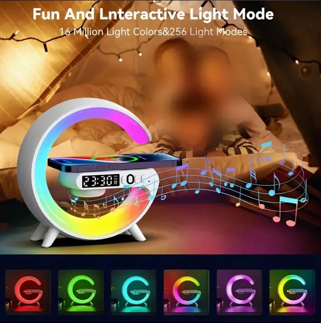 Picture of G63 Speaker Lamp 4-in-1 Smart LED Table Lamp – Wireless Charger Bluetooth Speaker Alarm Clock App Control Night Light with Sunrise Alarm for Bedroom Bedside Table Multicolor