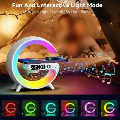 Picture of G63 Speaker Lamp 4-in-1 Smart LED Table Lamp – Wireless Charger Bluetooth Speaker Alarm Clock App Control Night Light with Sunrise Alarm for Bedroom Bedside Table Multicolor