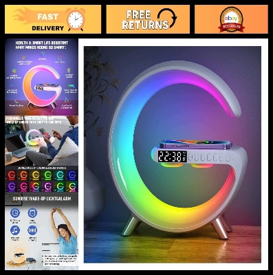 Picture of G63 Speaker Lamp 4-in-1 Smart LED Table Lamp – Wireless Charger Bluetooth Speaker Alarm Clock App Control Night Light with Sunrise Alarm for Bedroom Bedside Table Multicolor