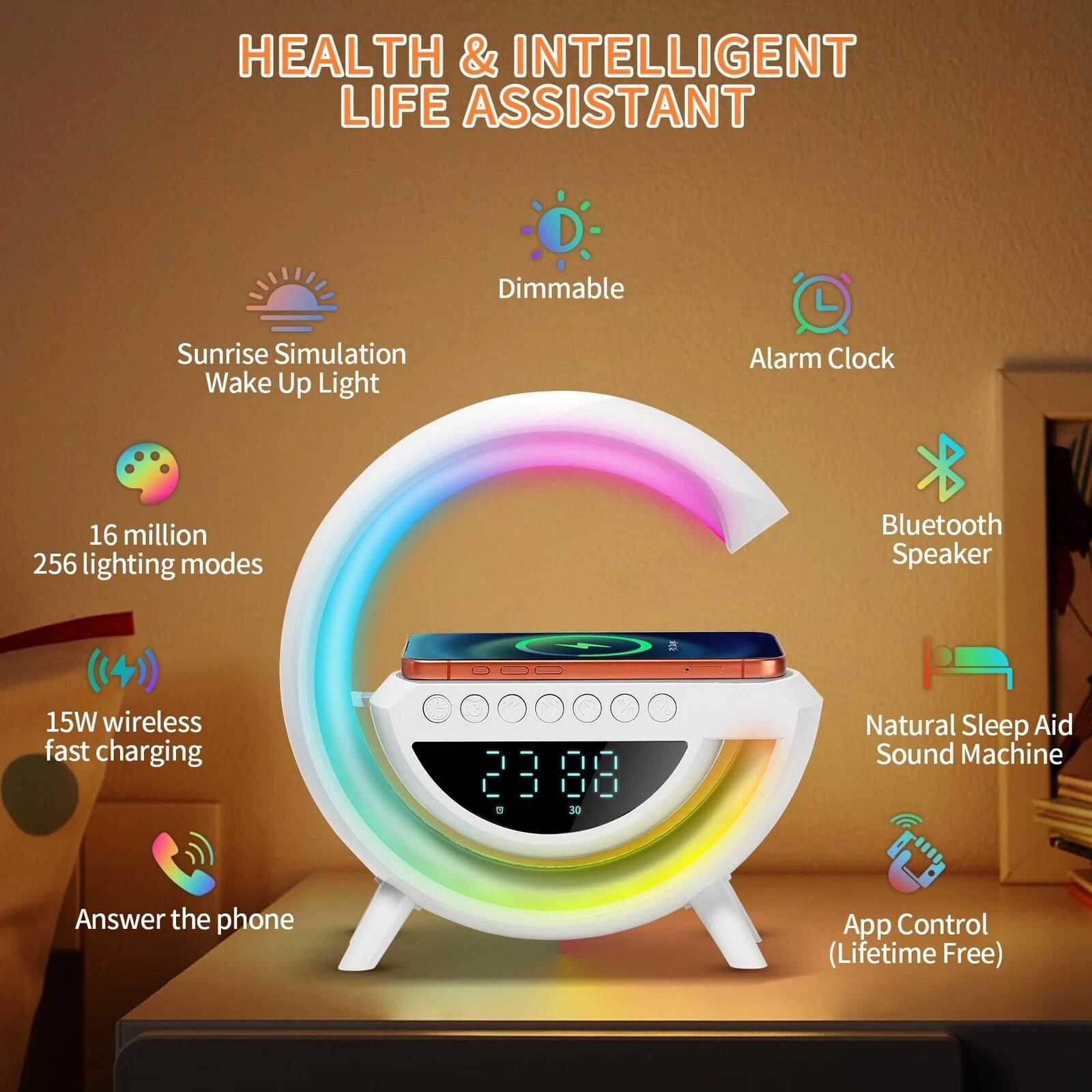 Picture of G63 Speaker Lamp 4-in-1 Smart LED Table Lamp – Wireless Charger Bluetooth Speaker Alarm Clock App Control Night Light with Sunrise Alarm for Bedroom Bedside Table Multicolor