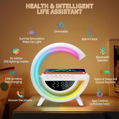 Picture of G63 Speaker Lamp 4-in-1 Smart LED Table Lamp – Wireless Charger Bluetooth Speaker Alarm Clock App Control Night Light with Sunrise Alarm for Bedroom Bedside Table Multicolor