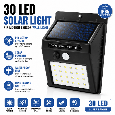 Picture of 30 LED Solar Light PIR Motion Sensor Wall Light | Outdoor Waterproof Solar Powered Street Lamp | Automatic Sensor Garden & Security Light Black