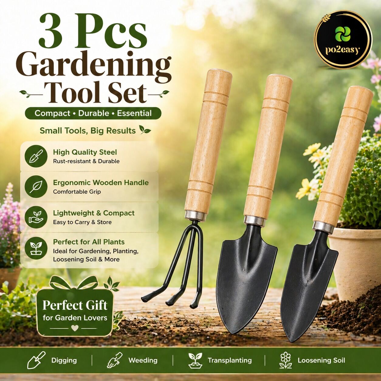 Picture of 3 Pcs Gardening Tool Set – Hand Trowel Transplanter and Cultivator Tools for Garden Planting Digging Weeding Home Gardening Kit Multicolor