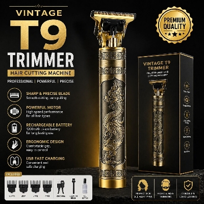 Picture of Vintage T9 Trimmer Hair Cutting Machine – Cordless Rechargeable Beard and Hair Trimmer with Precision Blade Professional Grooming Kit for Men 