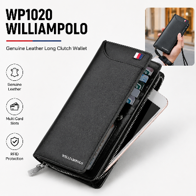 Picture of WP1020 WILLIAMPOLO Genuine Leather Long Clutch Wallet for Men – Premium Zipper Business Wallet Stylish Card Cash Organizer Black
