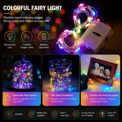 Picture of 2M Multicolour Copper Wire Fairy Lights with 20 LEDs – Battery Operated Flexible Mini String Lights for Bedroom, Gaming Setup, Party, Festival & Home Decoration Multicolor