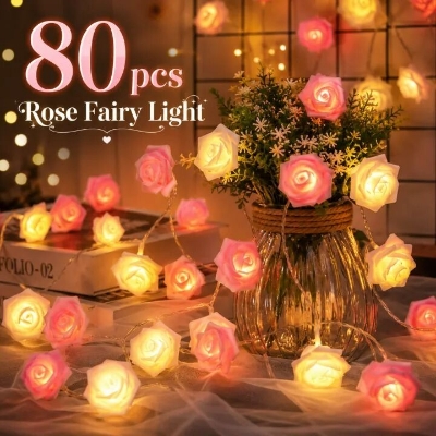Picture of 80 LED Rose Flower Fairy String Lights 25 Feet – Romantic Decorative Rose Lights for Bedroom, Wall, Wedding, Party, Festival & Home Decoration Multicolor