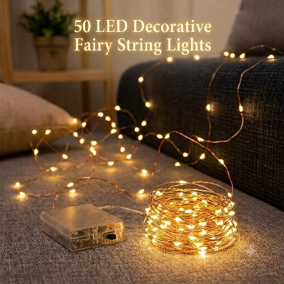 Picture of 50 LED Decorative Fairy String Lights – Warm Romantic Room Decoration Lights for Bedroom, Living Room, Wedding, Party, Festival & Home Decor Gold
