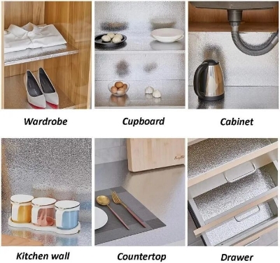 Picture of Self Adhesive Aluminum Foil Kitchen Wallpaper 5 Meter x 24 Inch – Waterproof Oil Proof Heat Resistant Kitchen Backsplash Sticker for Wall Cabinet Table – Durable Aluminum Foil Paper Home Decor Silver