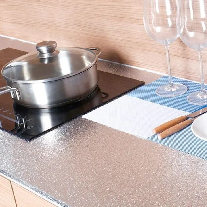 Picture of Self Adhesive Aluminum Foil Kitchen Wallpaper 5 Meter x 24 Inch – Waterproof Oil Proof Heat Resistant Kitchen Backsplash Sticker for Wall Cabinet Table – Durable Aluminum Foil Paper Home Decor Silver