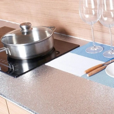 Picture of Self Adhesive Aluminum Foil Kitchen Wallpaper 5 Meter x 24 Inch – Waterproof Oil Proof Heat Resistant Kitchen Backsplash Sticker for Wall Cabinet Table – Durable Aluminum Foil Paper Home Decor Silver