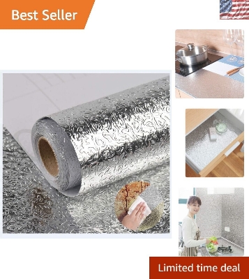 Picture of Self Adhesive Aluminum Foil Kitchen Wallpaper 5 Meter x 24 Inch – Waterproof Oil Proof Heat Resistant Kitchen Backsplash Sticker for Wall Cabinet Table – Durable Aluminum Foil Paper Home Decor Silver