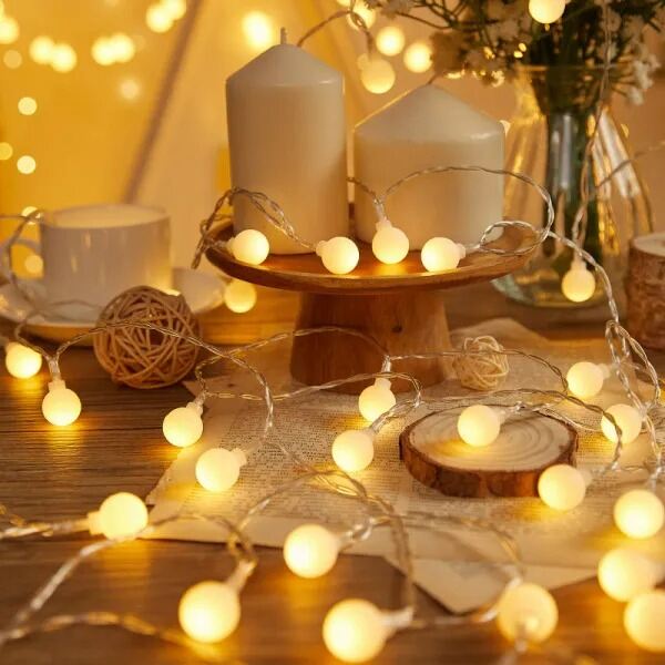 Picture of Warm White Snow Ball Fairy Lights Waterproof 28 LED Decorative String Lights for Room Bedroom Party Wedding Indoor Outdoor Home Decoration Gold