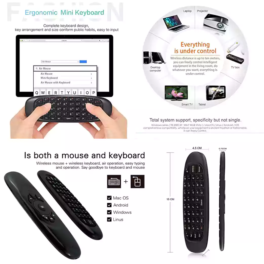 Picture of C120 Wireless Air Mouse with Keyboard – 2.4GHz Gyroscopic Fly Mouse Remote Control | Rechargeable Air Mouse for Android TV Box, Smart TV, PC, Laptop & Projector Black