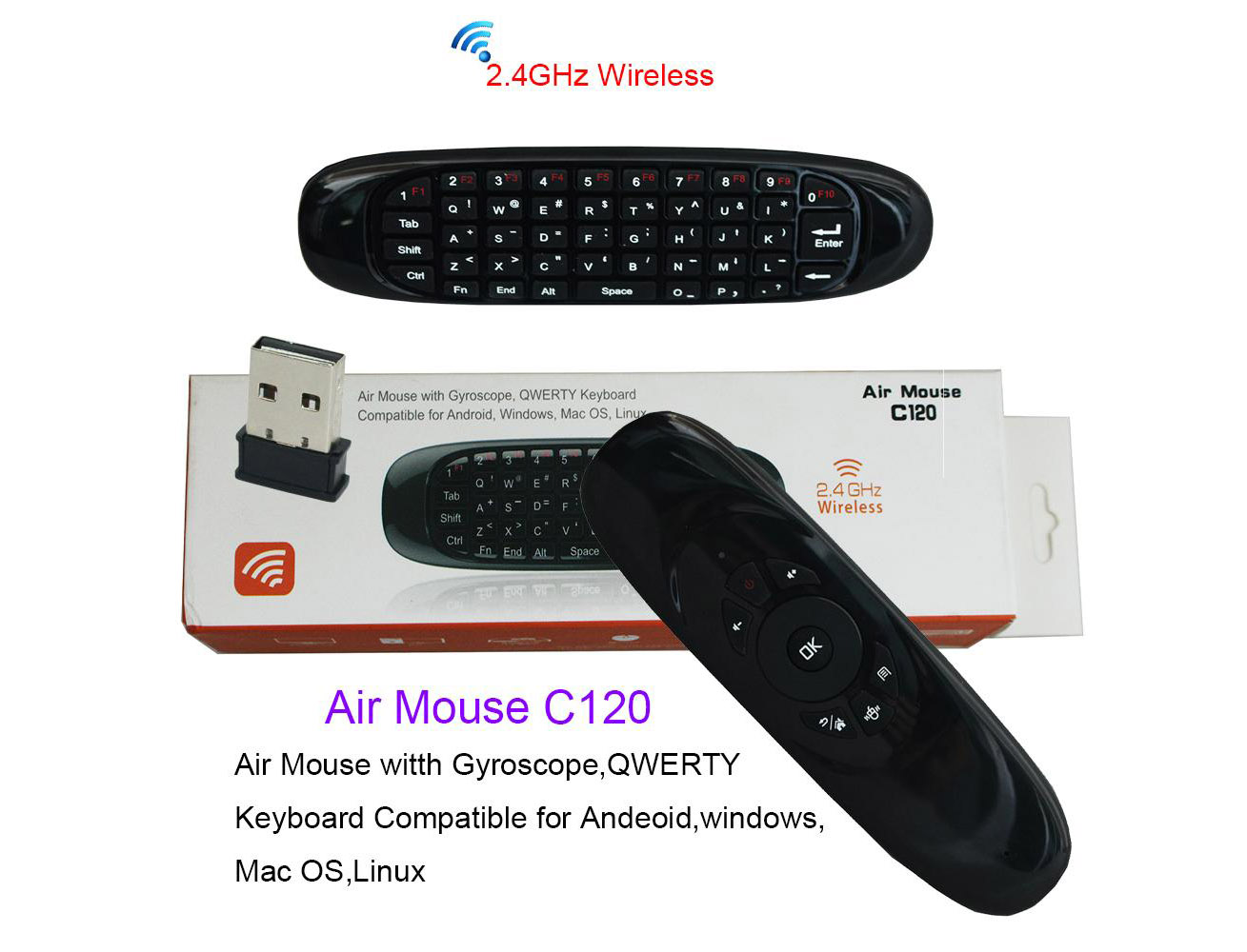 Picture of C120 Wireless Air Mouse with Keyboard – 2.4GHz Gyroscopic Fly Mouse Remote Control | Rechargeable Air Mouse for Android TV Box, Smart TV, PC, Laptop & Projector Black