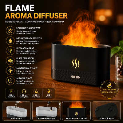 Picture of LED Flame Effect Air Humidifier Aromatherapy Ultrasonic Diffuser 180ml USB Flame Mist Humidifier with Night Light for Home Bedroom Office Relaxation 