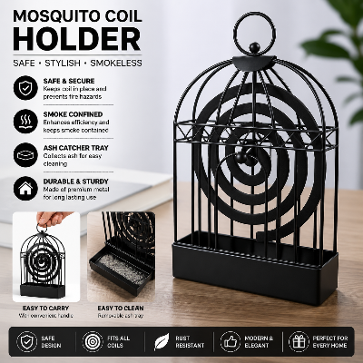 Picture of Birdcage Shape Iron Mosquito Coil Holder Stand Black Mosquito Repellent Incense Burner Hanger for Indoor Home Bedroom Living Room Hotel Decoration and Daily Use 