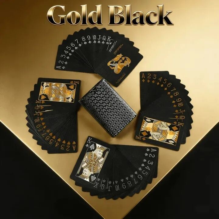 Picture of Black Premium Poker Cards Waterproof PET Plastic Luxury Foil Playing Cards Deck 54 Pcs Durable Flexible Tash Game Cards Gift Set for Family Party and Travel Black