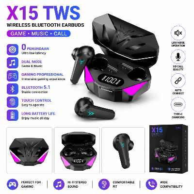 Picture of X15 TWS Wireless Bluetooth Earbuds – LED Display Gaming Headset with Mic | Noise Cancelling, HiFi Stereo Sound, Rechargeable Earphones for Android & iPhone Multicolor