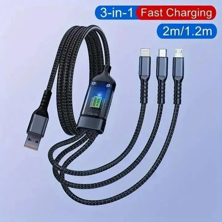 Picture of 3 In 1 100W USB Type C Fast Charging Cable for iPhone Xiaomi Poco Huawei Samsung and More – Multicolor High Speed Charging and Data Transfer Cable Black