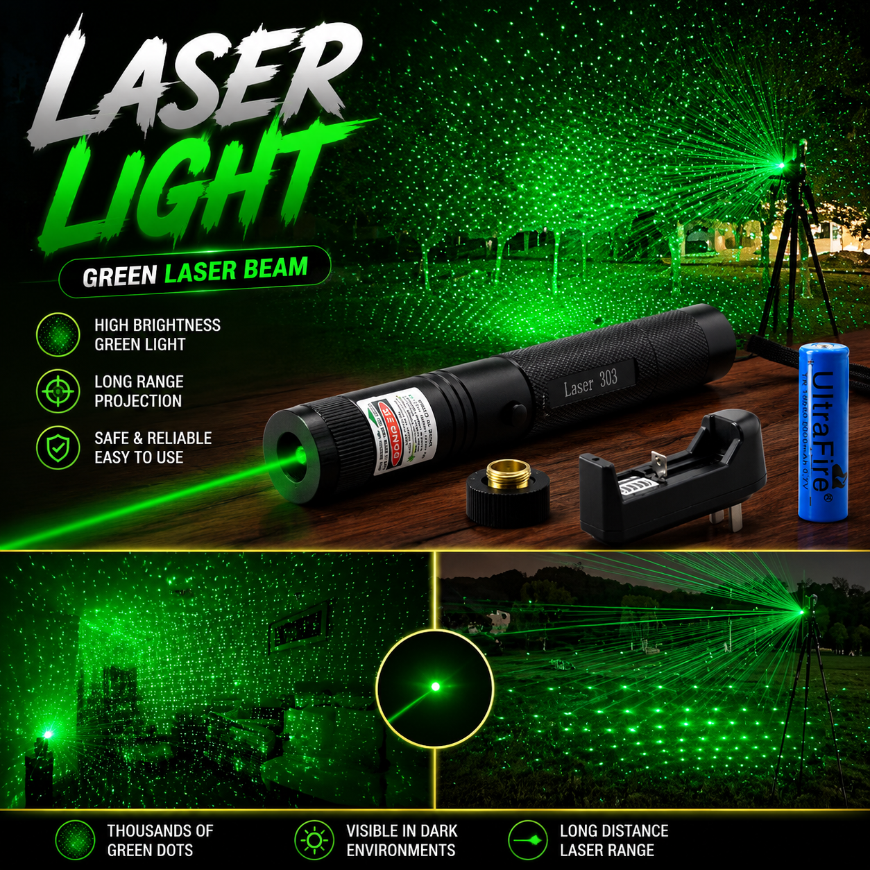 Picture of Green Laser Pointer Light 532nm Adjustable Focus Laser Beam High Power Long Range Green Laser Torch Portable Precision Laser Light for Outdoor Presentation Night Use Travel and Professional Demonstration Green