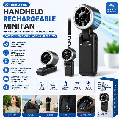 Picture of Turbo Fan Handheld Rechargeable Mini Fan Portable USB Foldable Hanging Fan High Speed Personal Cooling Fan for Travel Outdoor Desk Use Silent Strong Airflow Pocket Cooling Electric Fan Multicolor