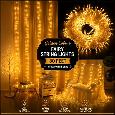 Picture of Golden Colour Fairy String Lights 30 Feet Warm White LED Decorative String Lights for Room Bedroom Curtain Wedding Party Festival Indoor Outdoor Home Decoration Ambient Lighting Fairy Lights Gold