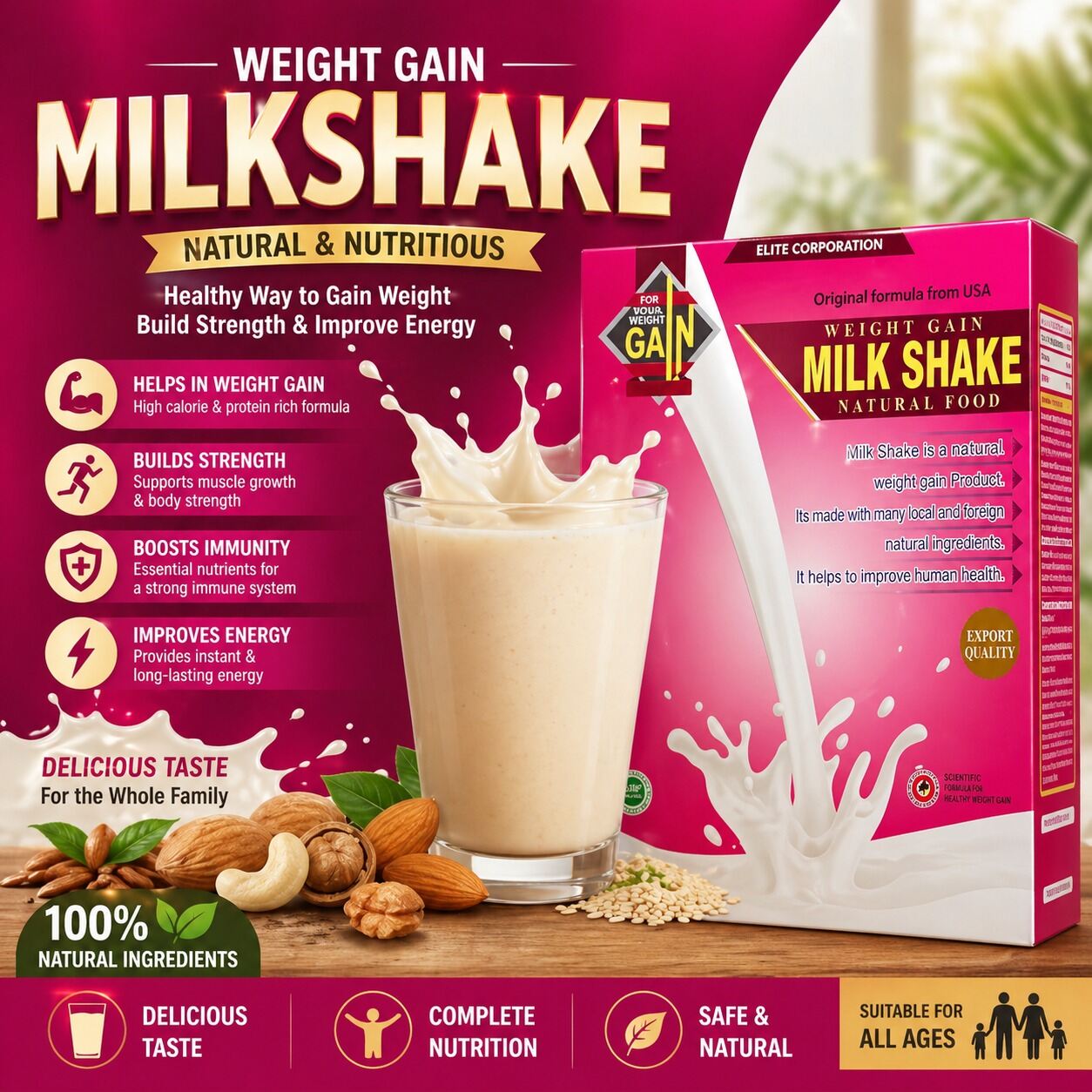 Picture of Health Gain Milk Shake Natural Food Nutritional Drink Mix for Daily Energy Boost and Healthy Weight Gain Support by Pure Mall Instant Health Supplement Powder for Adults 