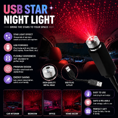 Picture of USB Star Night Light Projector Romantic Galaxy Car Roof Light Mini LED Atmosphere Lamp 2 in 1 USB Star Lights Laser Projection Night Light for Car Interior Roof Ceiling Bedroom Party Decoration Ambient Lighting Multicolor