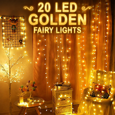 Picture of 20 LED Golden Fairy String Lights Warm White Decorative Fairy Light for Room Bedroom Wedding Party Indoor Outdoor Home Decoration Battery Operated LED String Lights for Festival and Events 20 Led Gold