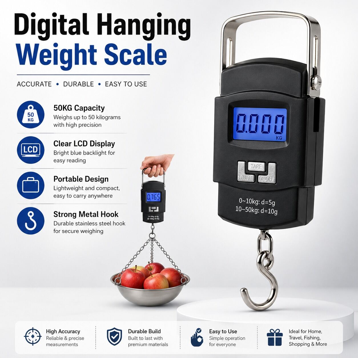 Picture of Digital Hanging Weight Scale Portable Electronic Hook Scale Black High Precision Luggage Parcel Fish Vegetable Market Home Shop Travel Weight Measuring Machine Heavy Duty Digital Weighing Scale Multicolor