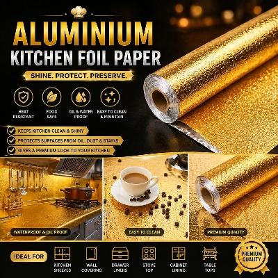 Picture of Kitchen Golden Oil Proof Waterproof Aluminum Foil Adhesive Wallpaper 45cm – Self Adhesive Heat Resistant Wall Sticker for Kitchen Counter Cabinet Shelf Table Protection Gold