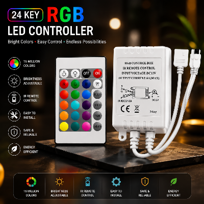 Picture of 24 Key RGB LED Controller with Remote 3 Channel PWM LED Dimmer CE RoHS Certified DC 12V RGB Strip Light Controller for 2835 3528 5050 LED Strip Lights Color Changing Remote Control Module Remote + Controller