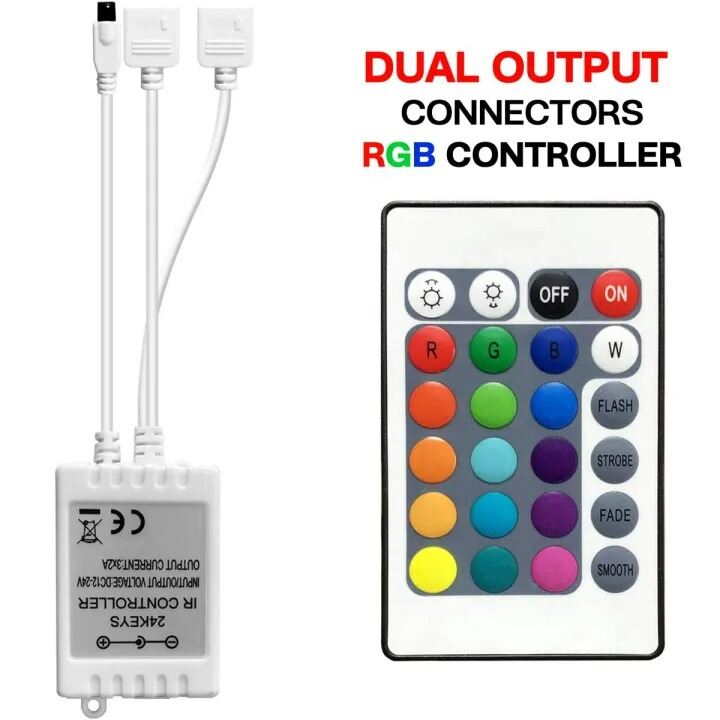 Picture of 24 Key RGB LED Controller with Remote 3 Channel PWM LED Dimmer CE RoHS Certified DC 12V RGB Strip Light Controller for 2835 3528 5050 LED Strip Lights Color Changing Remote Control Module Remote + Controller