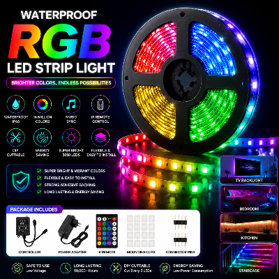 Picture of Waterproof RGB LED Strip Light with Remote Control Color Changing Flexible Fita LED Light for Room TV Ceiling Car Party Home Decoration Ambient Lighting Strip Lights Multicolor